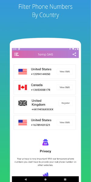 Temp SMS - Temporary Numbers Скриншот 1