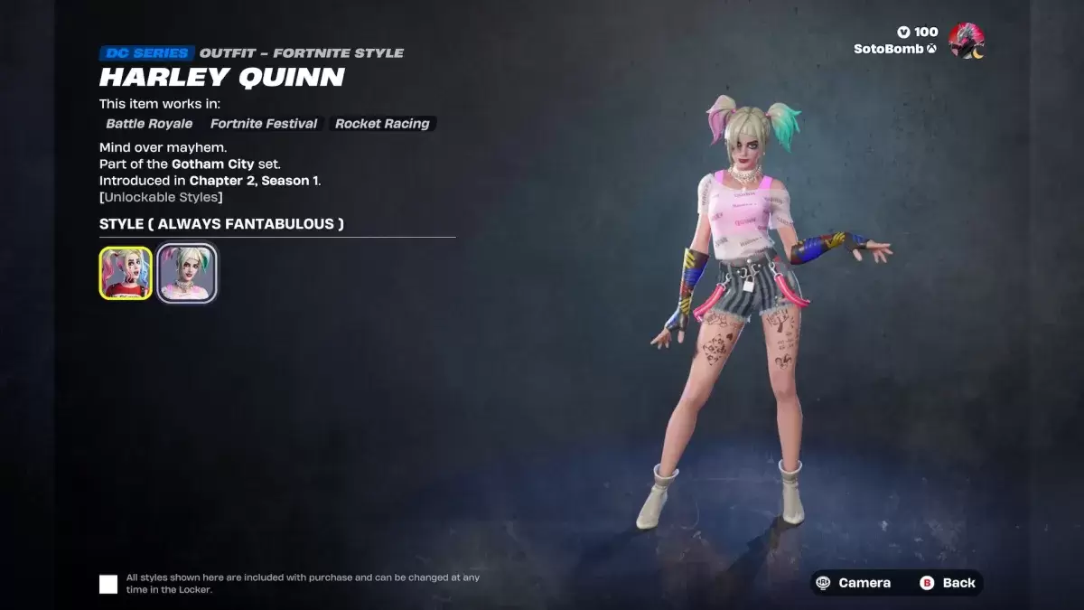 De Harley Quinn -huid in Fortnite als onderdeel van een artikel over quests.