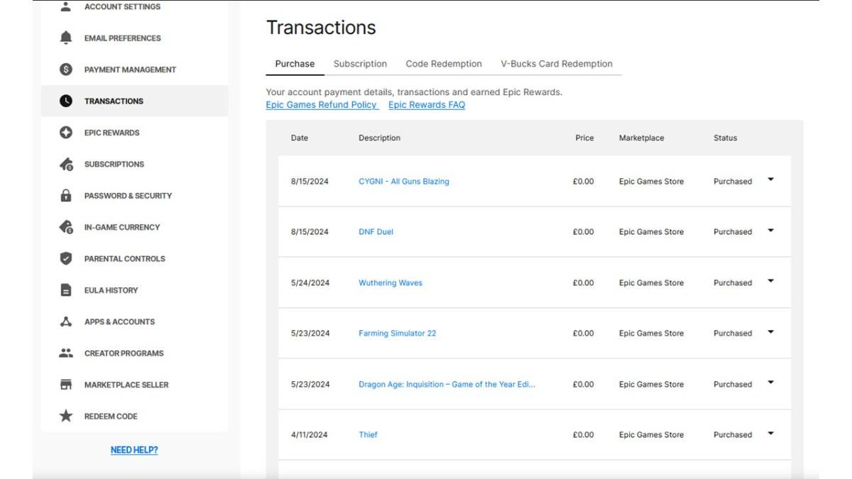 Epic Games transactions page showing purchase history.