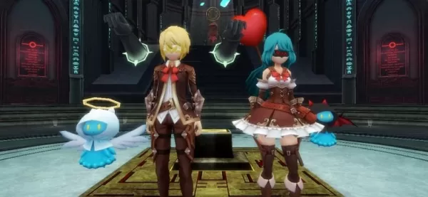 Two individuals in school uniforms wearing chic, angel and demon-themed blindfolds that resemble glasses.