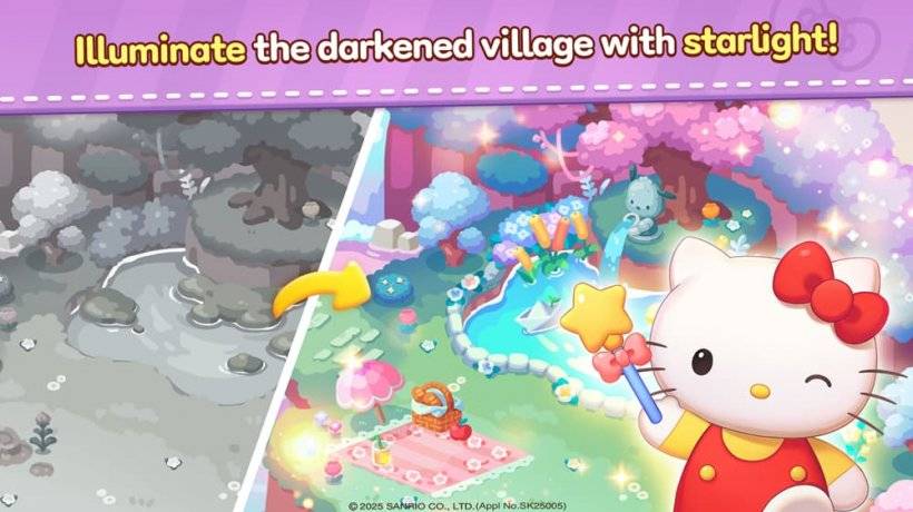 Een foto van Hello Kitty die met een magische toverstok zwaait over een landschap dat kleur heeft hersteld