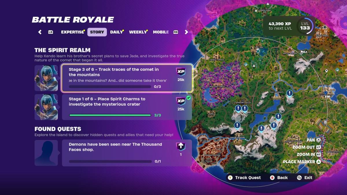 Kartenstandorte für Spuren des Kometen in Fortnite.