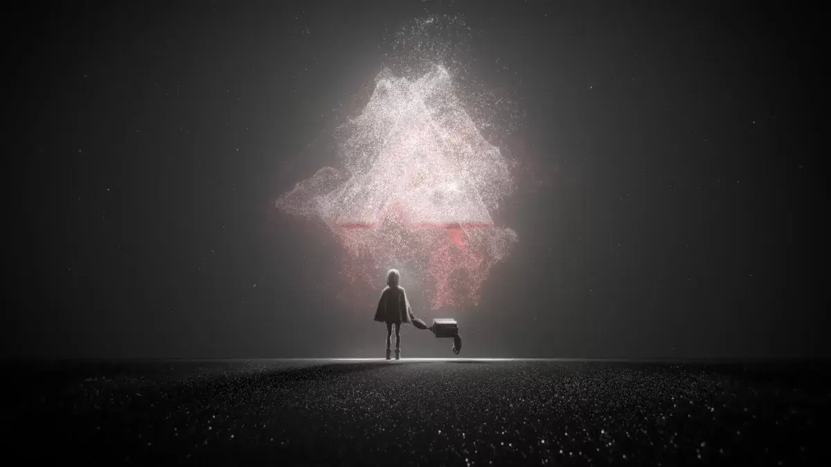 Le personnage du joueur et le concierge se penchent sur un abîme dans l'effet d'entropie de Blazblue