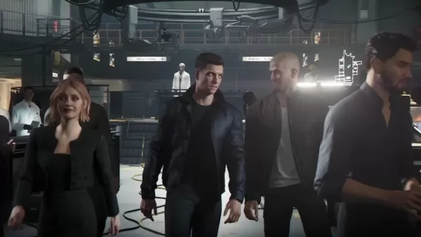 James Bond walking through a high-tech facility with a group of agents