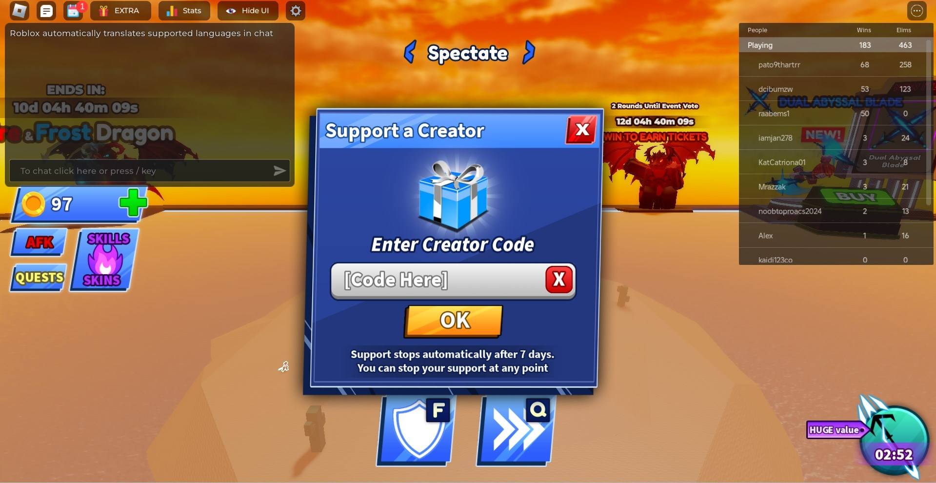 Blade Ball Redeem Code Interface