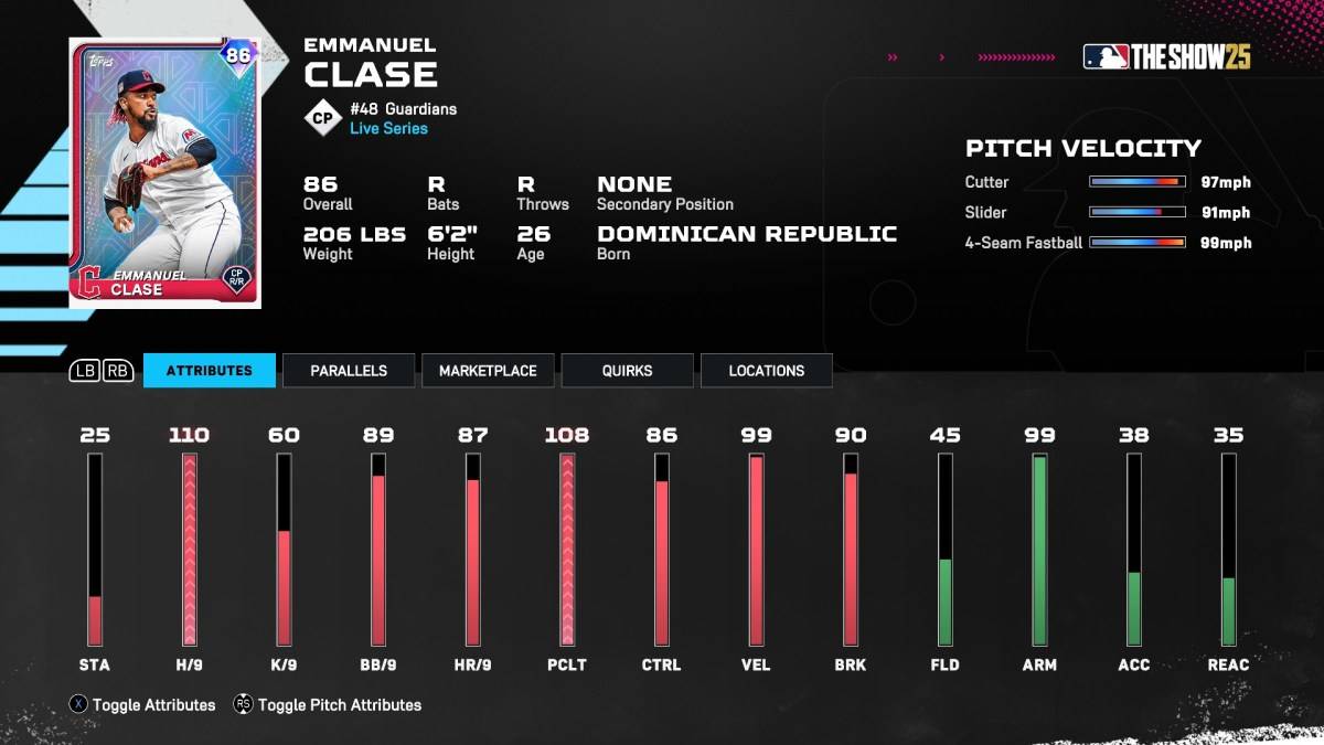 Emmanuel Clase Diamond Dynasty Card in MLB de show 25