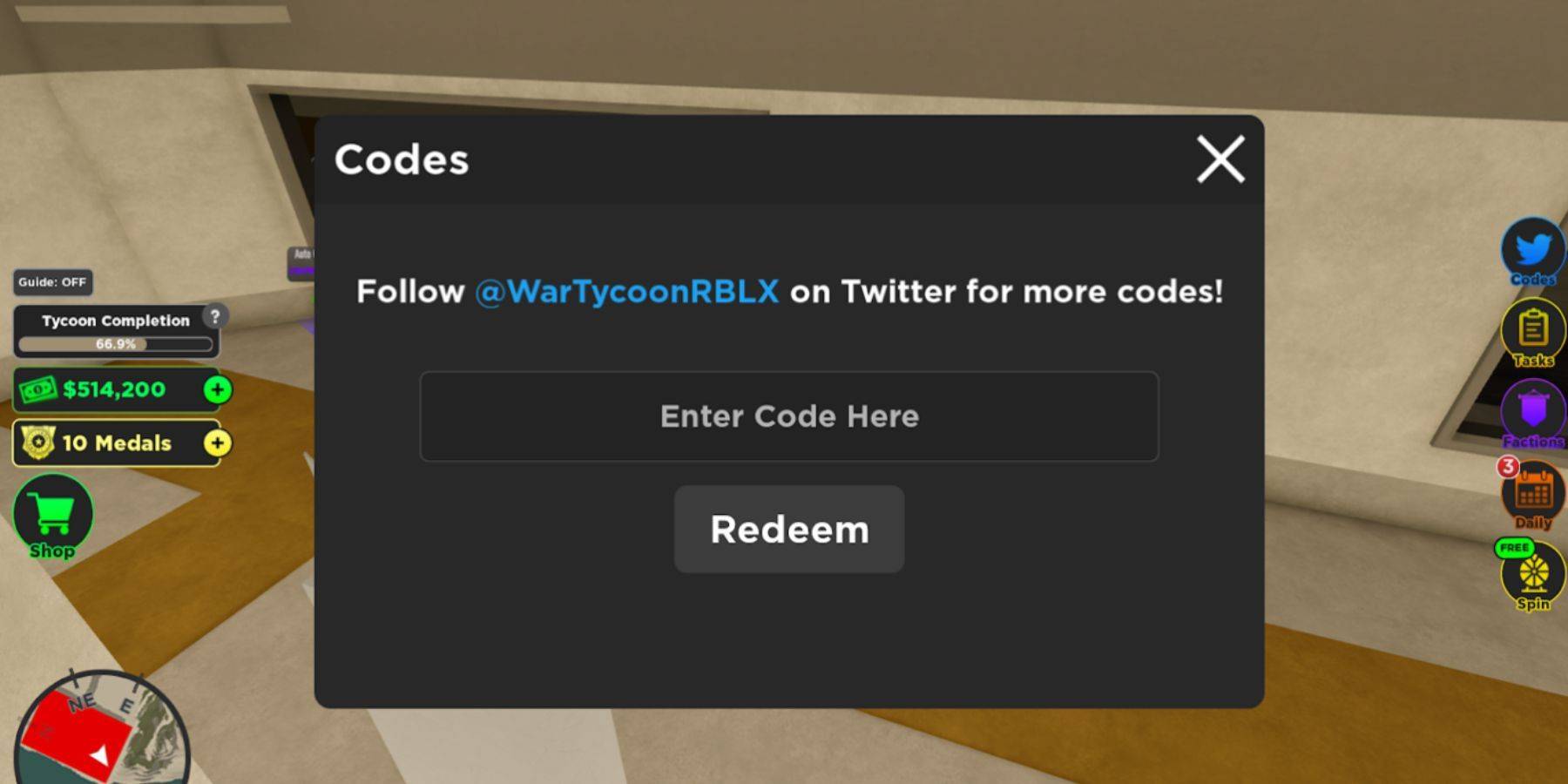 Codes in War Tycoon inwisselen