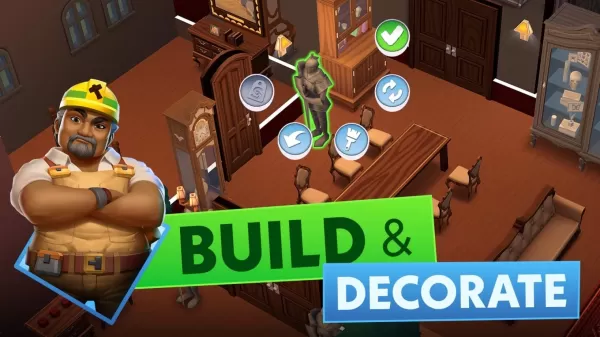Ein unzufriedener alter Mann in einer Bauarbeiterkleidung kreuzt die Arme vor einem Gameplay-Screenshot der Anpassung und Dekoration eines Hauses