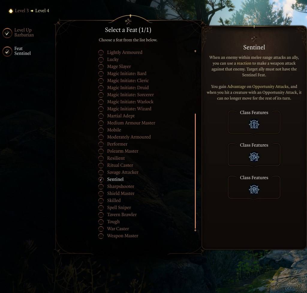 Sentinel Feat di Baldur's Gate 3
