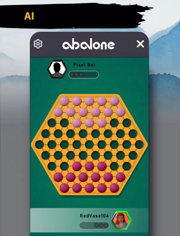 Una captura de pantalla de una partida de Abalone en curso, con un tablero hexagonal y canicas blancas frente a negras
