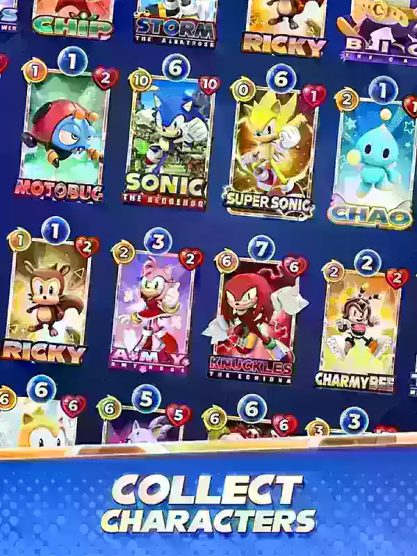 A collection of Sonic Blitz cards featuring characters like Sonic and Amy Rose