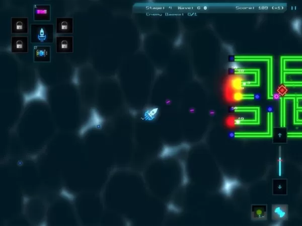 A screenshot of Alien Core in action showing a glowing ship blasting a series of green pipes