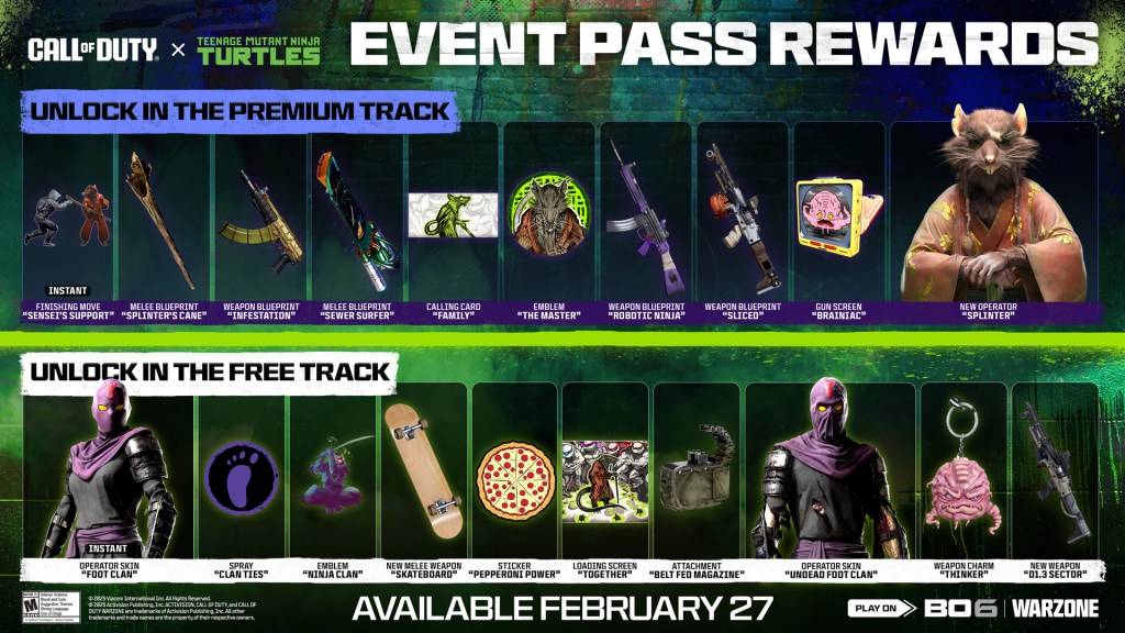 Black Ops 6とWarzoneのTeenage Mutant Ninja Turtle Battle Pass Skins。