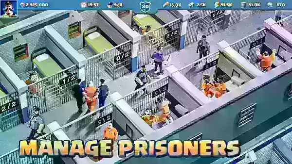 Интерьер тюрьмы, показывающий нескольких заключенных в камерах, охранников, управляющих заключенными, и офицеров, обеспечивающих безопасность