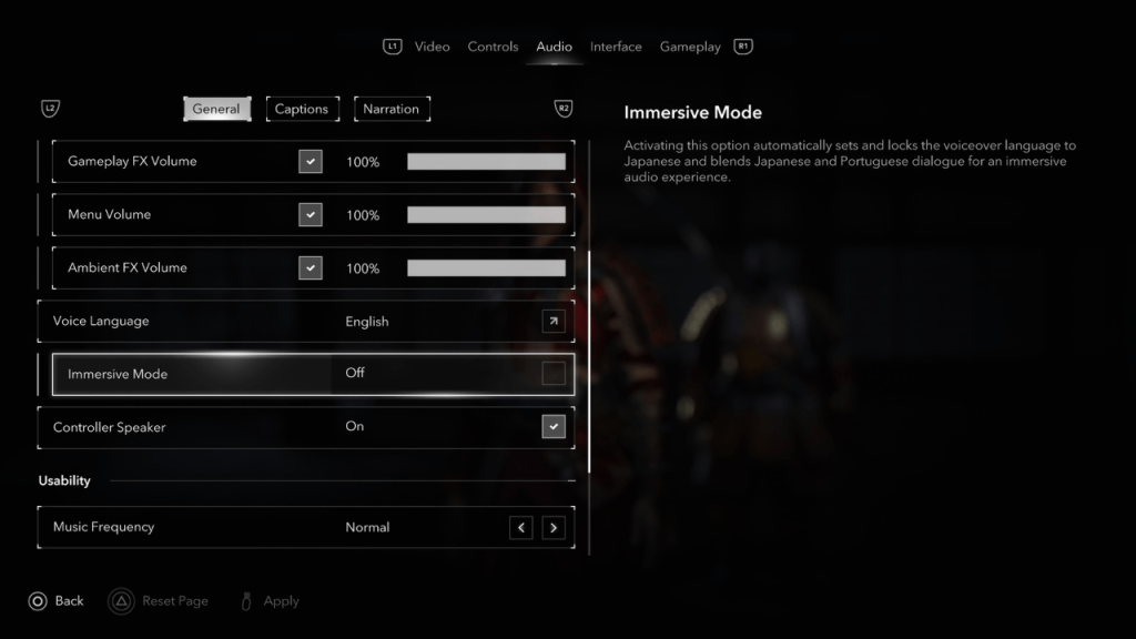 Assassins Creed Shadows Audio -Optionen, Immersive Modus hervorgehoben